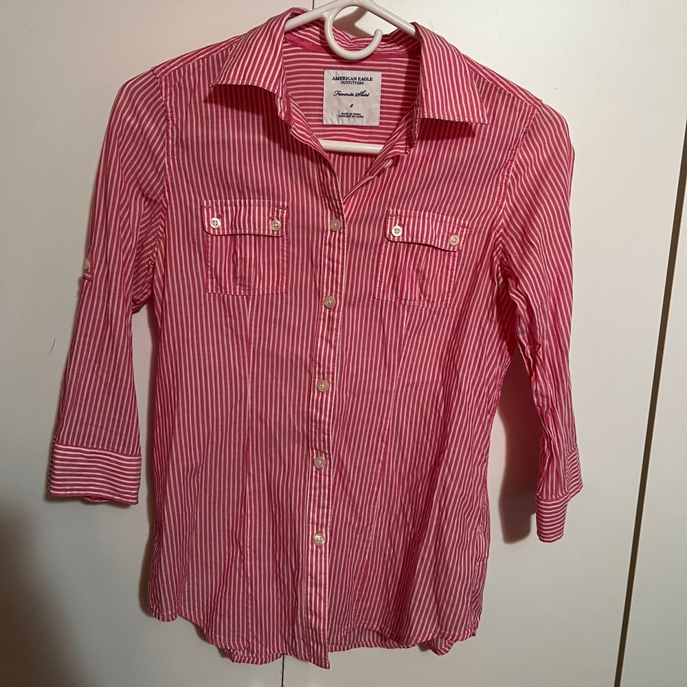 AE outfitters: Favorite Shirt pink striped linen button up.